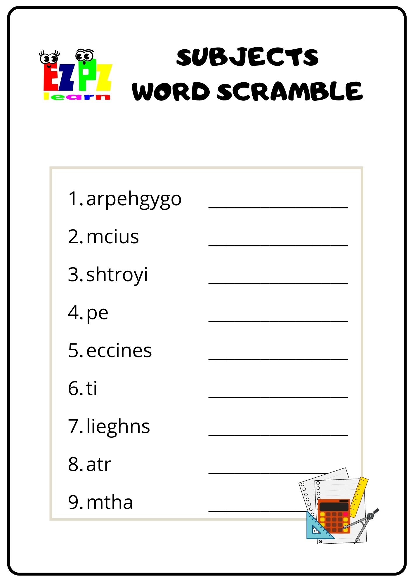 Subjects Word Scramble